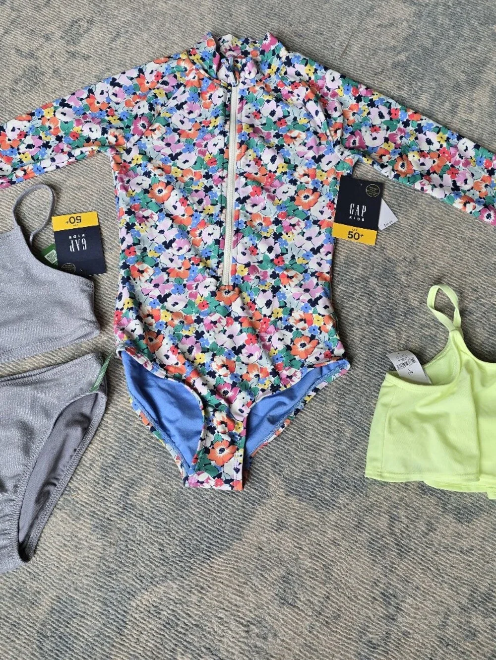 Gap Kids Girls' long sleeve floral rash guard swimsuit and silver sparkle bikini